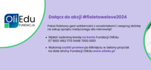 Grafika promocyjna fundacji z tekstem zachęcającym do udziału w akcji #ioletowelove2024 i informacji bankowych, obok grafiki niemowlę z smoczkiem.