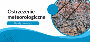 Grafika informacyjna z tekstem "Ostrzeżenie meteorologiczne, Opady marznące" oraz zdjęciem poświęconym gałęzi pokrytej lodem.