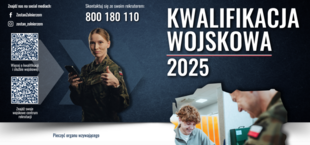 Plakat informacyjny o kwalifikacji wojskowej 2025. Zdjęcia przedstawiają żołnierzy oraz osobę piszącą na dokumentach. Widoczne są również kontakty, media społecznościowe i logo Centralnego Wojskowego Centrum Rekrutacji.