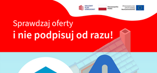 Plakat informacyjny o oszustwach związanych z dotacjami na pompy ciepła. Zaleca ostrożność przed podpisywaniem umów. Zawiera logo i adres strony czystepowietrze.gov.pl.