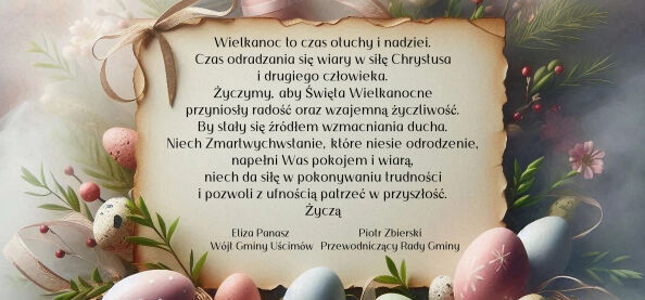 Na środku widać wielkanocne jaja w pastelowych kolorach otoczone gałązkami. W centrum umieszczono życzenia świąteczne na przypominającym pergamin tle. Atmosfera jest delikatna i pełna wiosennej mgiełki.