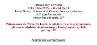 Baner informacyjny Urzędu Gminy Uścimów. Urząd i Ośrodek Pomocy Społecznej czynne do godz. 12:00 w Wielki Piątek, 18 kwietnia 2025 r. Przyjmowanie zgłoszeń kandydatów do komisji wyborczych do godz. 15:30.