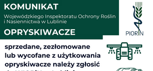 Plakat informacyjny dotyczący zgłaszania opryskiwaczy w Lublinie. Zawiera dane kontaktowe, adres e-mail, stronę internetową oraz kod QR. Zachęca do zgłaszania opryskiwaczy sprzedanych lub wycofanych z użytkowania.