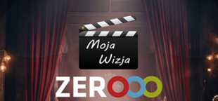 Plakat konkursu filmowego "Moja Wizja ZERO 2025" dla młodzieży. Tło stanowi elegancki, ozdobny czerwony dywan i ciemne wnętrze, wyróżnia się napis "Konkurs Filmowy". Logo organizatorów na dole.