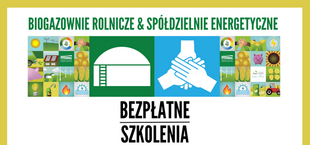 Grafika informacyjna nt. szkoleń o biogazowniach rolniczych i spółdzielniach energetycznych z ikonami energii, rolnictwa i dłoni trzymających białą kopułę. Hasło: "BEZPŁATNE SZKOLENIA". Lokalizacja: Mazowieckie.
