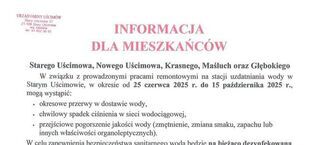 Ogłoszenie informuje mieszkańców Starego Uścimowa o pracach remontowych i przerwach w dostawach wody od 25 czerwca do 15 października 2025 r. Woda może mieć zmienioną jakość; zaleca się gotowanie przed spożyciem.