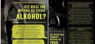 Plakat informacyjny na temat wpływu alkoholu. Zawiera tekst o skutkach zdrowotnych i społecznych spożycia alkoholu, m.in. psychicznych, i jego uzależniających właściwościach. Obrazek pokazuje dłoń trzymającą szklankę.