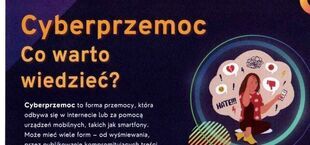 Plakat informacyjny na temat cyberprzemocy. Zawiera definicję, przykłady, skutki oraz porady, jak rozpoznać i radzić sobie z cyberprzemocą. W tle ilustracja kobiety z telefonem i emotikonami.