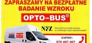Żółty plakat OPTO-BUS: bezpłatne badanie wzroku. Stary Uścimów, 12 sierpnia 2026 (środa), godz. 16:30-18:00, parking przy Ośrodku Zdrowia. Zapisy tel. 570 407 407 (8:00-16:00). Firma z umową NFZ. Badanie osób powyżej 15 roku życia, dobór szkieł i opraw.