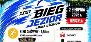Plakat promujący "Bieg Jezior" w gminie Uścimów, zaplanowany na 2 sierpnia 2026 roku. Zawiera godziny startów różnych biegów, atrakcje jak dmuchańce, konkursy, malowanie buziek oraz informacje o dyskotece.