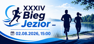 Plakat promujący XXXIV Bieg Jezior. Na tle jeziora widać sylwetki biegających osób. Wydarzenie odbędzie się 2 sierpnia 2026 o 15:00. Grafikę zdobią niebieskie fale i ikona kalendarza.
