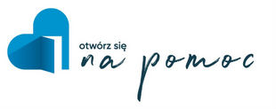 Niebieskie logo z grafiką otwartych drzwi w kształcie serca. Obok znajduje się napis "otwórz się na pomoc" w eleganckiej, odręcznej czcionce.