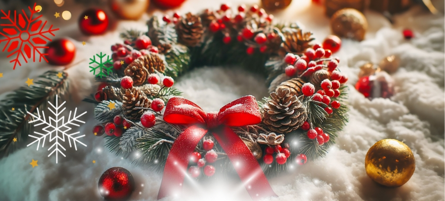 Alternatywny opis: Świąteczny wieniec ze sztucznymi gałązkami jodły, szyszkami i czerwoną kokardą, położony na tle świątecznych dekoracji i oświetlony migoczącymi lampkami.