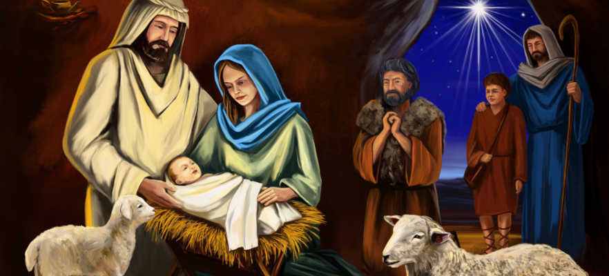 Alternatywny opis zdjęcia: Obraz przedstawiający scenę narodzin Jezusa z bożonarodzeniowej szopki z Marią, Józefem, niemowlęciem, pasterzami i owcami przy betlejemskiej gwieździe.
