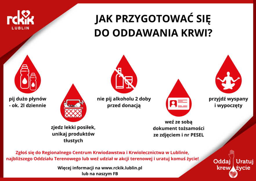 Plakat edukacyjny z wskazówkami przygotowania do oddania krwi: pije dużo płynów, unika alkoholu i tłustych pokarmów, przynosi dokumenty, odpoczywa. Dominuje czerwono-biała kolorystyka.