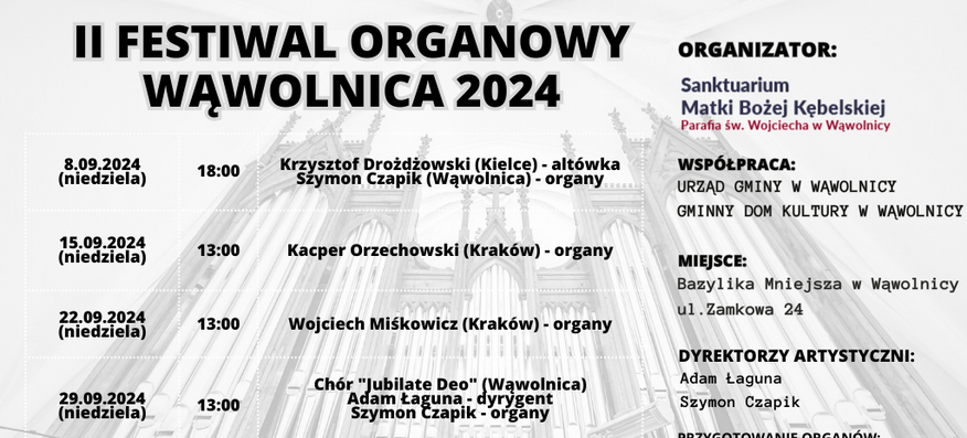 Plakat II Festiwalu Organowego "II festiwal Organowy 2024" z datami wydarzeń, listą wykonawców, sponsorów oraz organizatorów na czerwono-biało-czarnym tle z graficznymi elementami nawiązującymi do organów.