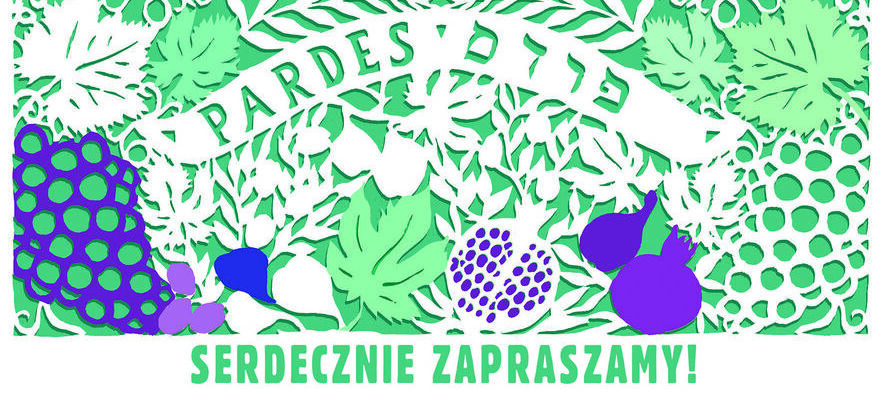 Alternatywny opis: Obrazek z zielono-fioletowym motywem roślinnym i owocowym oraz białym napisem "PARDES" i "Serdecznie Zapraszamy!" na banerze, tworzący zaproszenie o stylistyce żydowskiej Sukkot.