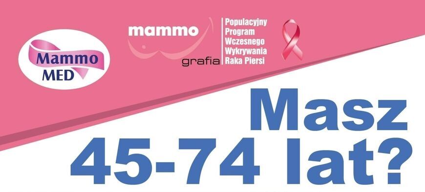 Na plakacie promocyjnym programu "Mammomed" pięć uśmiechniętych kobiet różnym wieku stoi w rzędzie patrząc w kierunku widza; są informacje o profilaktyce raka piersi i kontaktach.