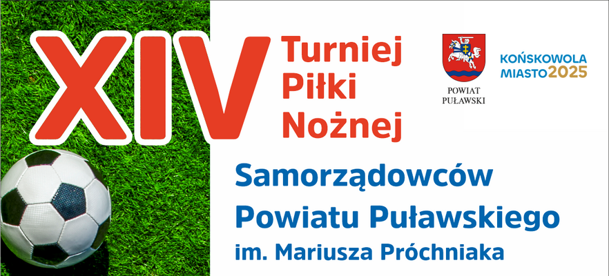 Alternatywny opis zdjęcia: Plakat informacyjny w czerwono-białych barwach z konturem piłkarza, ogłaszający XIV Turniej Piłki Nożnej Samorządowców imienia Mariusza Próchnika, zaplanowany na 28 kwietnia 2024 r. W lewym górnym rogu widoczna piłka nożna.