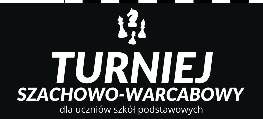 Plakat informacyjny o turnieju szachowym dla uczniów szkół podstawowych w Gminnym Domu Kultury w Wawolnicy. Zawiera datę, czas, miejsce i kontakt. Na dole zdjęcie zestawu szachowego.