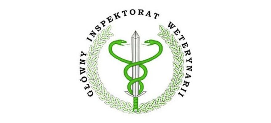 Logo Głównego Inspektoratu Weterynarii w Polsce: zielony wieniec laurowy otaczający kaduceusz z dwoma skrzyżowanymi wężami i mieczem.