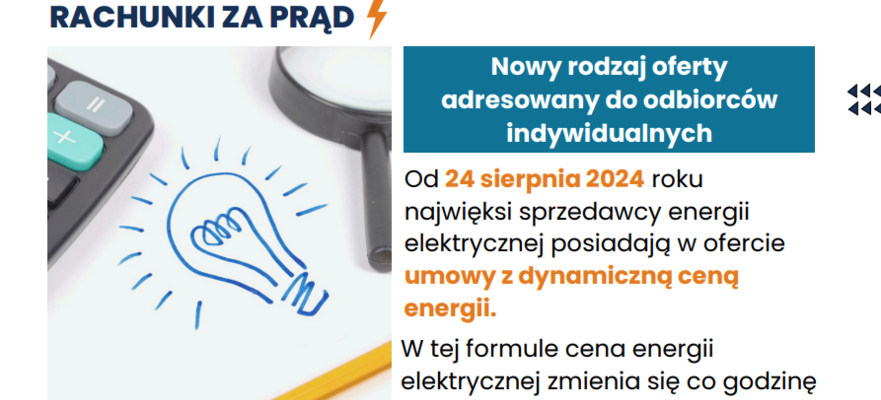 Zdjęcie przedstawia fragment ulotki informacyjnej z grafiką żarówki oraz długopisu, obok których leży biała myszka komputerowa i okulary. Na ulotce znajduje się tekst dotyczący rachunków za prąd oraz nowego rodzaju ofert energetycznych.