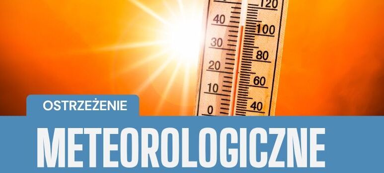 Termometr wskazujący wysoką temperaturę na tle jasnego słońca. Na dole niebieski pasek z białym napisem "Informacja hydrologiczne".