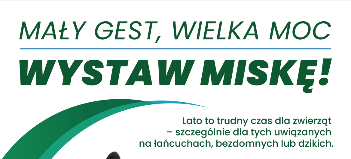 Plakat zachęcający do wystawiania misek z wodą dla zwierząt w upalne dni. Na plakacie widoczne są kot i pies, a tekst podkreśla, jak ważna jest pomoc dla zwierząt w lecie.