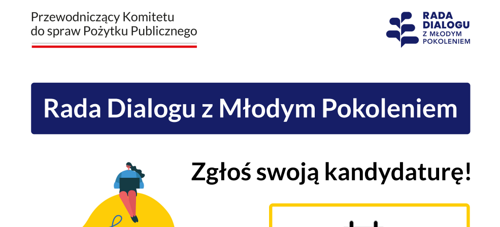 Grafika informacyjna promująca zgłaszanie kandydatur do Rady Dialogu z Młodym Pokoleniem. Widoczna żarówka z ludźmi wokół, kalendarz i informacja o zbliżającym się terminie - 15 września 2025 r.