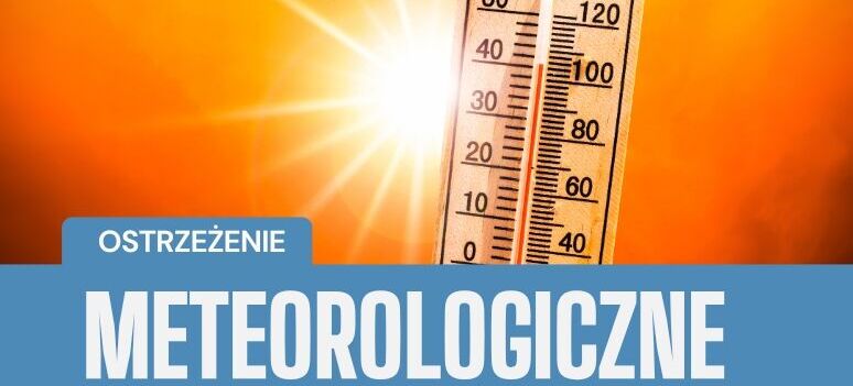 Termometr wskazujący wysoką temperaturę na tle jasnego słońca. Na dole niebieski pasek z białym napisem "Informacja hydrologiczne".