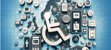 Grafika pokazuje mapę Europy z ikoną osoby na wózku inwalidzkim na środku. Wokół są symbole technologiczne związane z dostępnością. Na dole napis: "Fundusze Europejskie".