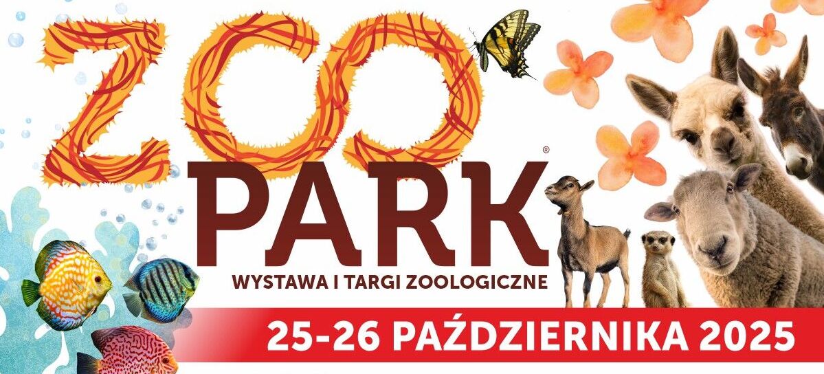 Plakat promujący "Zoo Park" – wystawę i targi zoologiczne w Lublinie, 25-26 października 2025. Widoczne są zwierzęta, m.in. lama i motyl, oraz informacje o imprezie i sprzedaży biletów.