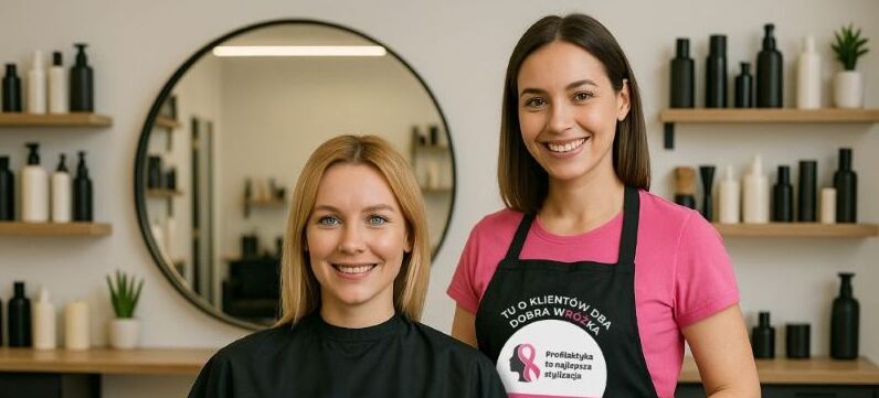 Dwie kobiety w salonie fryzjerskim. Jedna siedzi w fotelu, uśmiecha się, ma na sobie pelerynę z różową wstążką i napisem. Druga stoi obok, trzyma grzebień, ubrana w różową koszulkę i czarny fartuch z napisem. W tle lustra i półki z kosmetykami.