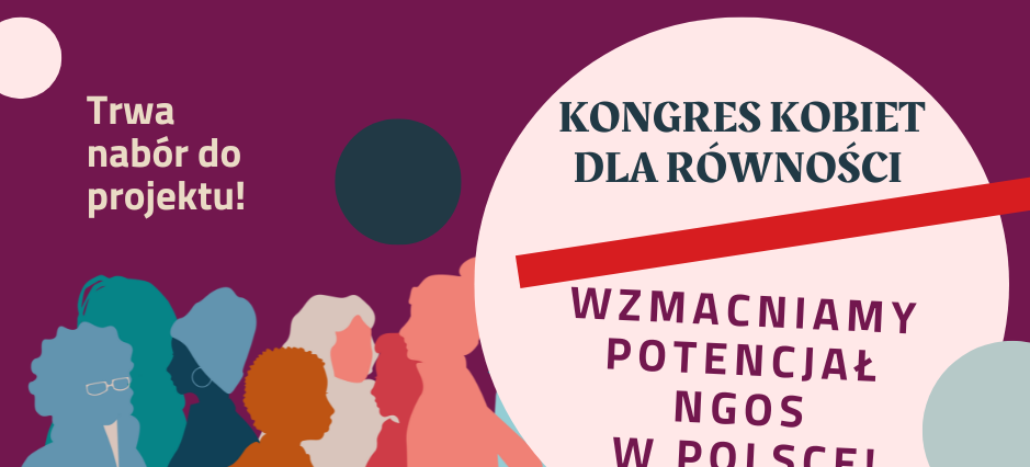 Plakat Kongresu Kobiet o równym potencjale NGO w Polsce. Zawiera kolorowe sylwetki osób, tekst o naborze oraz loga funduszy i Kongresu Kobiet.
