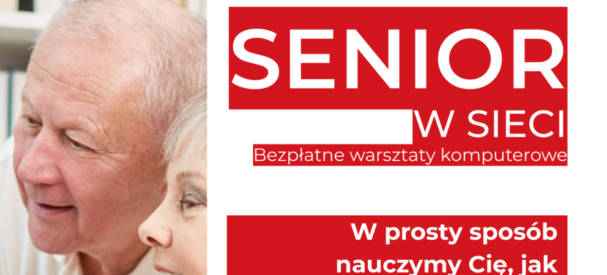 Seniorzy z uśmiechem przy komputerze. Plakat promujący bezpłatne warsztaty komputerowe "Senior w sieci", 20 listopada 2025, Wąwolnica. Warsztaty dotyczą bezpieczeństwa online i komunikacji. Kontakt: 601 320 522.