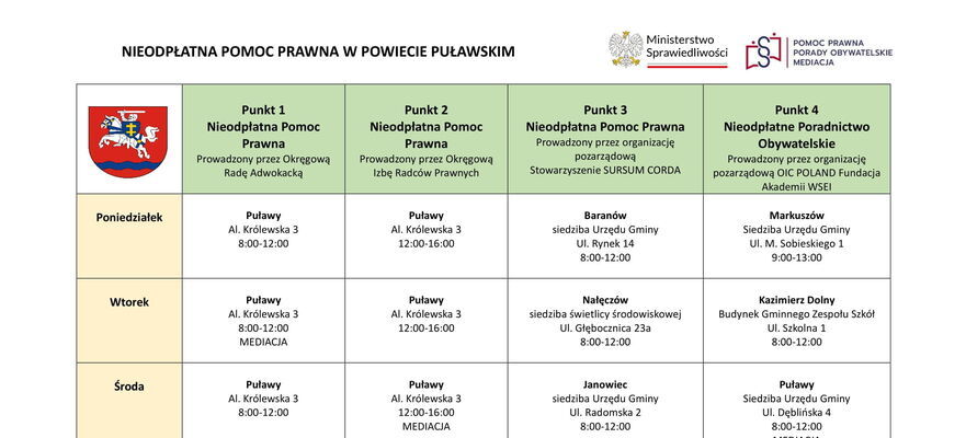 Plan dyżurów z lokalizacjami punktów pomocy prawnej i poradnictwa obywatelskiego w Powiecie Puławskim. Zawiera dni i godziny otwarcia, a także nazwiska prawników i doradców obsługujących poszczególne punkty.