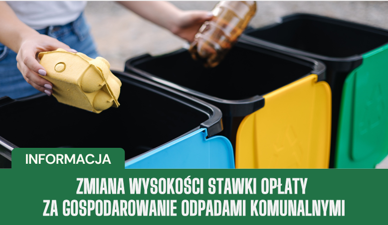 Osoba sortuje śmieci, wrzuca odpady do trzech kolorowych pojemników: niebieskiego, zielonego i żółtego, na tle informacji o zmianie opłat za odpady komunalne.