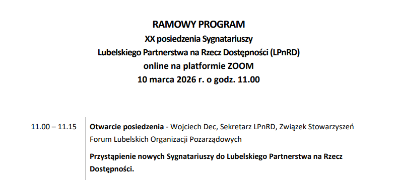 Plan posiedzenia Partnerstwa na Rzecz Dostępności. Otwarcie przez Wojciecha Deca, punkt o ochronie ludności i obronie cywilnej. Spotkanie online, 10 marca 2026, 11:00.