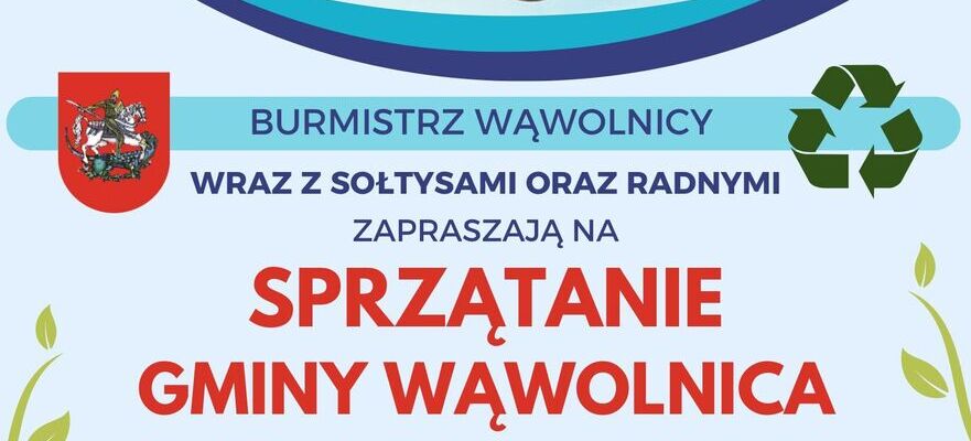 Plakat promujący wydarzenie "Sprzątanie Gminy Wąwolnica" w ramach "Sprzątania Świata" 18.04.2026 o godz. 10:00. Zawiera logotypy gmin, zdjęcie dłoni z kulą ziemską i informacje dotyczące organizatorów.
