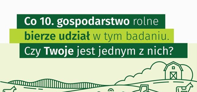 Plakat promujący badanie rolnicze z grafiką pól i ciągnika w tle. Zielone i żółte napisy zachęcają do udziału, oferując gwarancję ochrony informacji. Logotyp GUS i UE na dole.