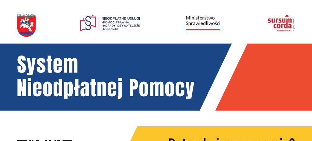 Plakat promujący System Nieodpłatnej Pomocy z informacjami o dostępnych usługach, takich jak pomoc prawna, poradnictwo obywatelskie i mediacja. Zawiera numer telefonu, kod QR i logotypy organizacji.