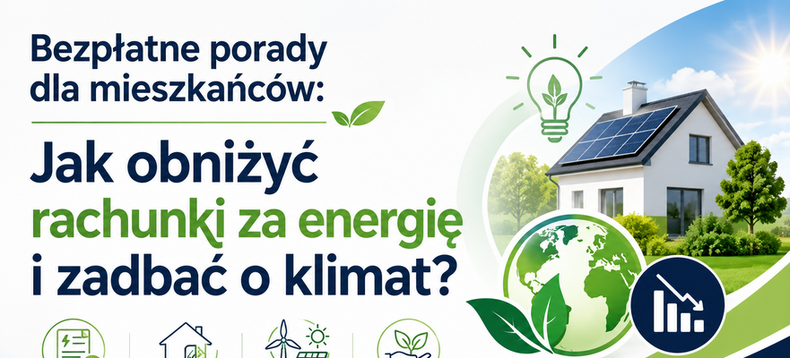 Ilustracja przedstawia reklamę o darmowych poradach dotyczących redukcji rachunków za energię i dbania o klimat. Widoczny jest dom z panelami solarnymi oraz ikony symbolizujące ekologię i wydajność energetyczną.