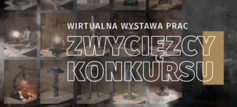 Napis: "wirtualna wystawa prac 
zwycięzcy konkursu " na tle lampek