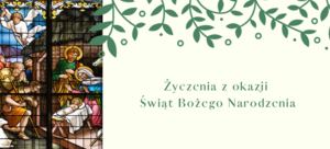 Okno witrażowe z biblijnymi scenami, w górnej części życzenia z okazji Świąt Bożego Narodzenia.