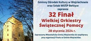 Zdjęcie przedstawia plakat informacyjny o 32 Finale Wielkiej Orkiestry Świątecznej Pomocy, który odbędzie się 28 stycznia 2024 r. Obok tekstu widać budynek z żółtymi ścianami i czerwonym dachem, otoczony drzewami.