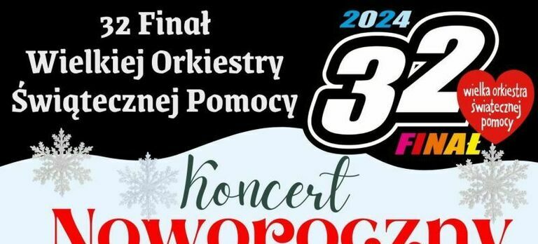 Baner informujący o 32 finale Wielkiej Orkiestry Świątecznej Pomocy, z napisem "koncert noworoczny" i grafiką płatków śniegu.