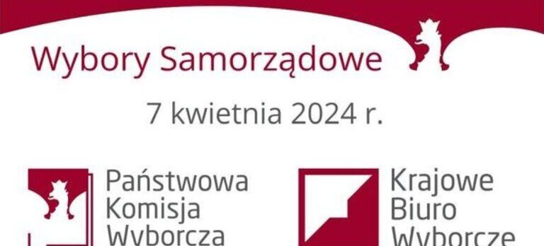 Baner informacyjny o wyborach samorządowych w Polsce zaplanowanych na 7 kwietnia 2024 roku. Zawiera logotypy Państwowej Komisji Wyborczej i Krajowego Biura Wyborczego na czerwonym tle.