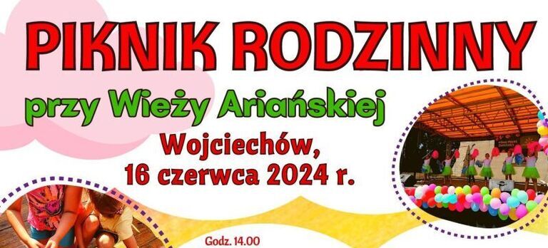 Plakat informacyjny pikniku rodzinowego "Przyjęcie Ariadny", który odbędzie się 16 czerwca 2024 roku w Wojciechowie. Zawiera grafiki aktywności, takie jak tańce, gry, jedzenie oraz informacje o programie i atrakcjach.