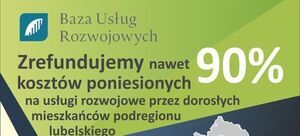 Plakat promocyjny z mapą Polski, wyróżniającą Lubelszczyznę, informujący o Funduszu Rozwojowym z zakresem wsparcia obejmującym m.in. szkolenia, kursy, studia podyplomowe. Zawiera dane kontaktowe oraz logo QR.