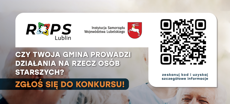 Plakat informacyjny z grafiką starszej uśmiechniętej osoby, tekstem zachęcającym do przystąpienia do programu dla seniorów oraz numerami kontaktowymi.